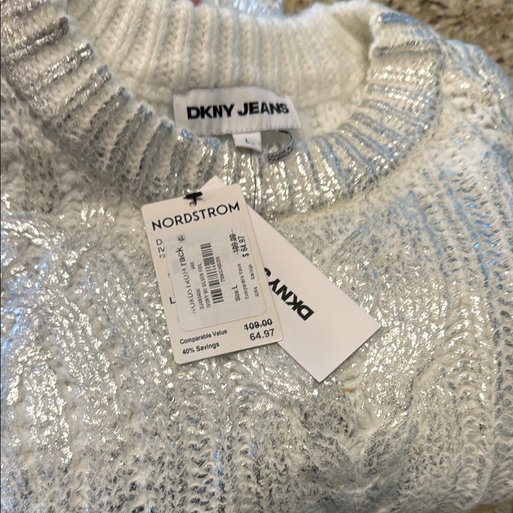 NWT Dkny Silver Cable Knit Crew Neck Sweater